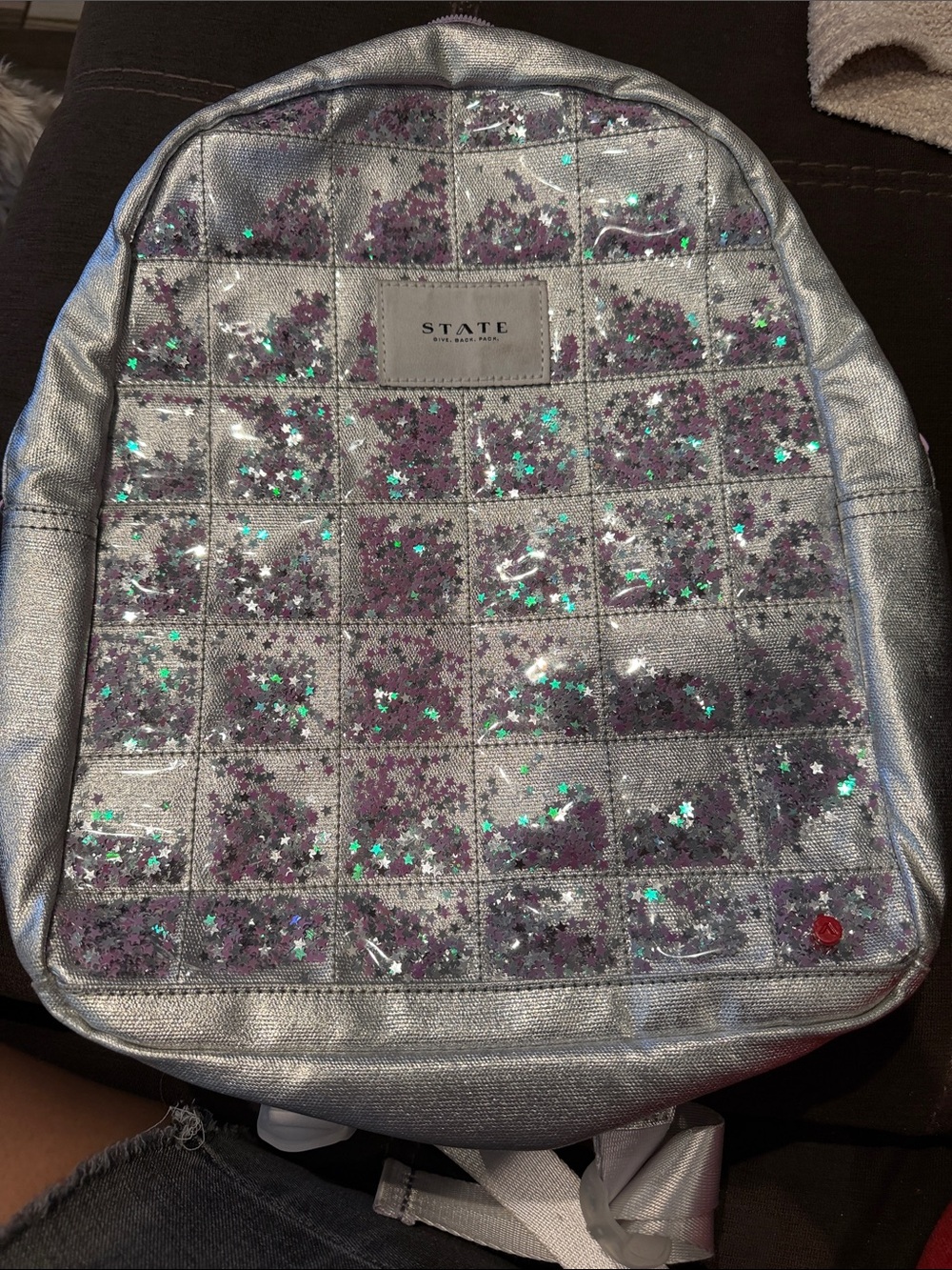 STATE Silver Backpack with Purple and Teal Star Glitter